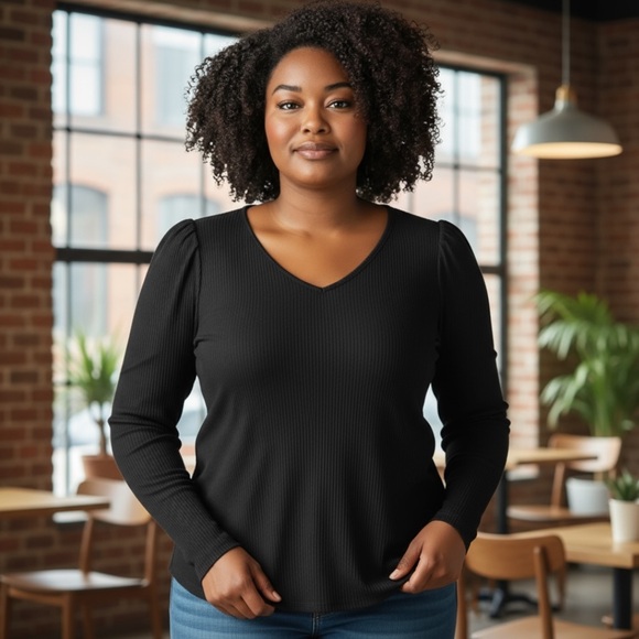 INC International Concepts Black Ribbed V-Neck Long Sleeve Top NWT Size 2X - Picture 1 of 6